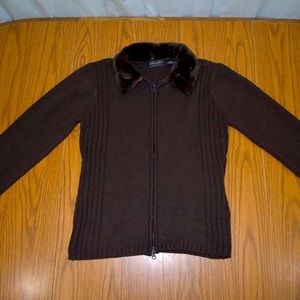 Jaime Nicole Full Zip Brown Sweater Faux Fur Collar and Cuffs